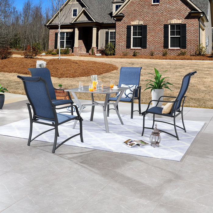 Stylish 5-Piece Outdoor 360° Swivel Armrests Dining Chairs Set with High Back Textilene Fabric & 1 Round Metal Table with 2.04" Umbrella Hole for Deck Poolside Porch Backyard 