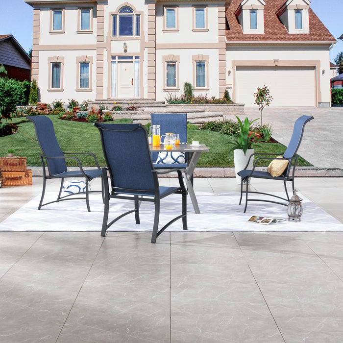 Stylish 5-Piece Outdoor 360° Swivel Armrests Dining Chairs Set with High Back Textilene Fabric & 1 Round Metal Table with 2.04" Umbrella Hole for Deck Poolside Porch Backyard 
