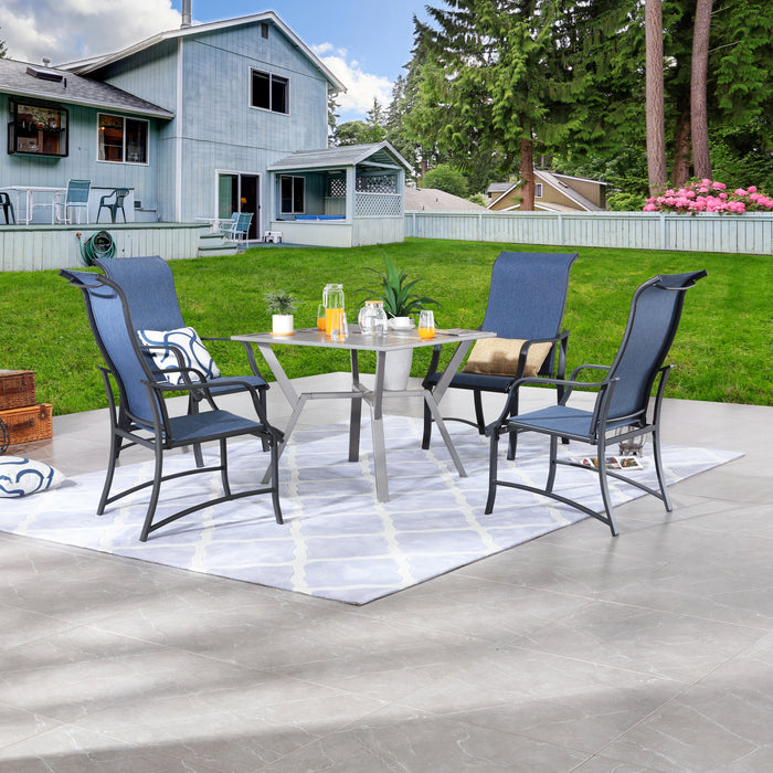 Stylish 5-Piece Outdoor 360° Swivel Armrests Dining Chairs Set with High Back Textilene Fabric & 1 Round Metal Table with 2.04" Umbrella Hole for Deck Poolside Porch Backyard 