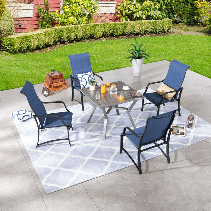 Stylish 5-Piece Outdoor 360° Swivel Armrests Dining Chairs Set with High Back Textilene Fabric & 1 Round Metal Table with 2.04" Umbrella Hole for Deck Poolside Porch Backyard 