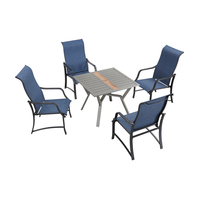 Stylish 5-Piece Outdoor 360° Swivel Armrests Dining Chairs Set with High Back Textilene Fabric & 1 Round Metal Table with 2.04" Umbrella Hole for Deck Poolside Porch Backyard 