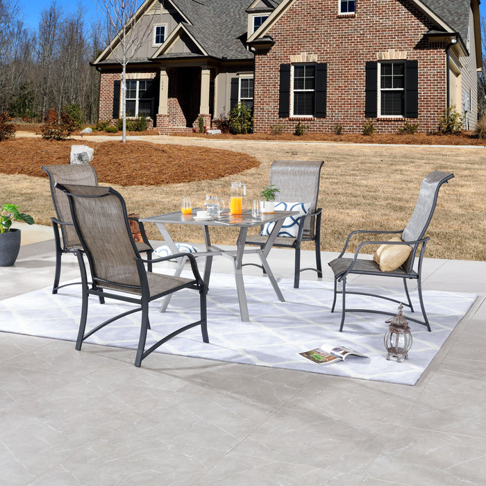 Stylish 5-Piece Outdoor 360° Swivel Armrests Dining Chairs Set with High Back Textilene Fabric & 1 Round Metal Table with 2.04" Umbrella Hole for Deck Poolside Porch Backyard 
