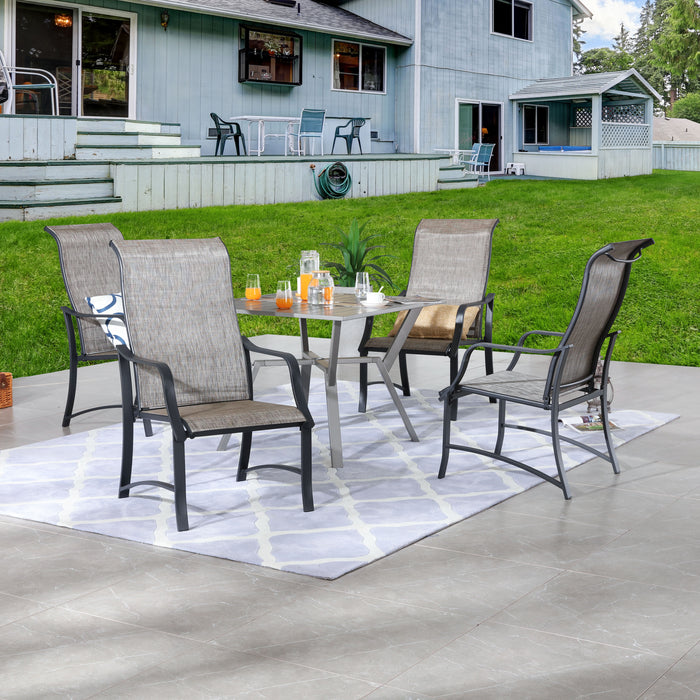 Stylish 5-Piece Outdoor 360° Swivel Armrests Dining Chairs Set with High Back Textilene Fabric & 1 Round Metal Table with 2.04" Umbrella Hole for Deck Poolside Porch Backyard 