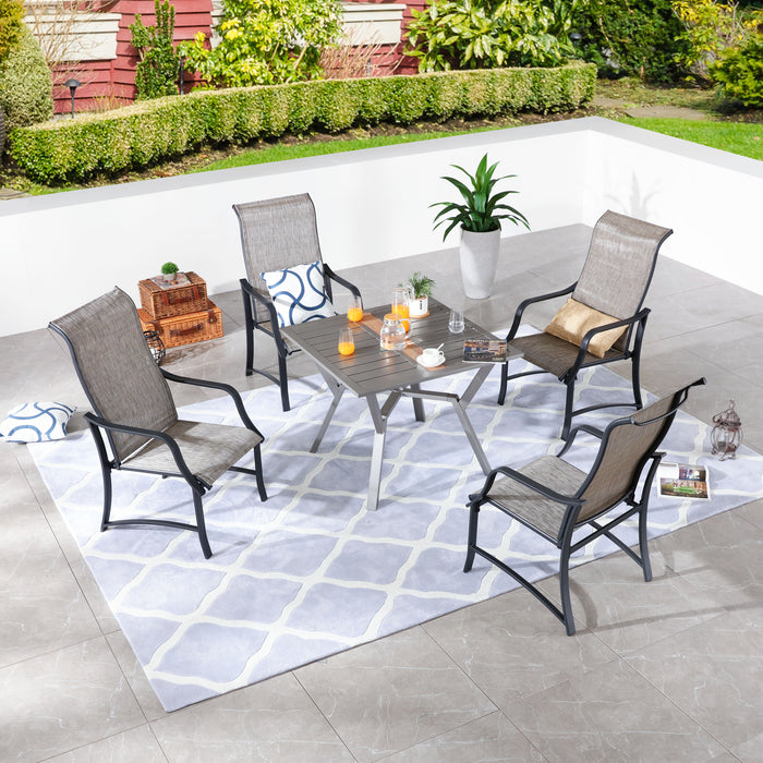 Stylish 5-Piece Outdoor 360° Swivel Armrests Dining Chairs Set with High Back Textilene Fabric & 1 Round Metal Table with 2.04" Umbrella Hole for Deck Poolside Porch Backyard 
