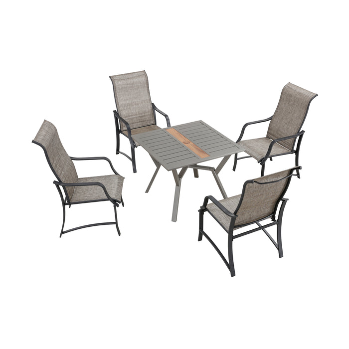 Stylish 5-Piece Outdoor 360° Swivel Armrests Dining Chairs Set with High Back Textilene Fabric & 1 Round Metal Table with 2.04" Umbrella Hole for Deck Poolside Porch Backyard 