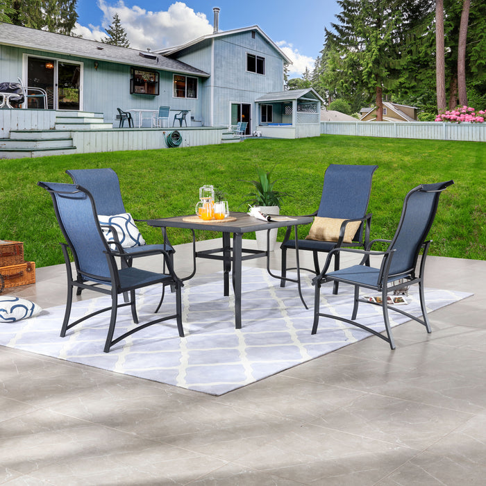 5-Pieces Patio Dining Set of 4 Armrest Dining Chair with Breathable Textilene Fabric and 1 Square Metal Table (Blue) 