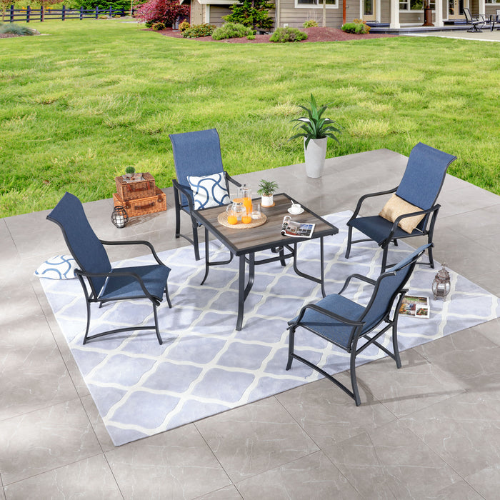 5-Pieces Patio Dining Set of 4 Armrest Dining Chair with Breathable Textilene Fabric and 1 Square Metal Table (Blue) 