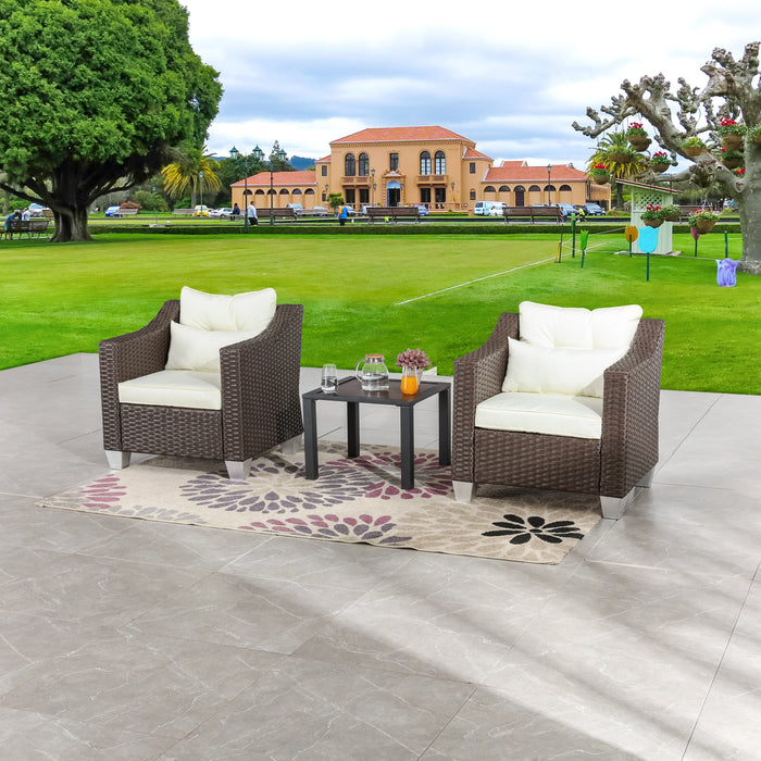 Luxurious 3 Piece Outdoor Conversation Set with PE Wicker Armchairs Beige Cushion & Coffee Table