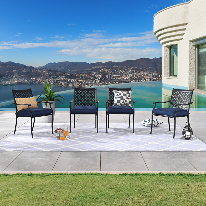 4-Piece Stackable Wrought Iron Patio Dining Chair Set with Armrests and Cushions 