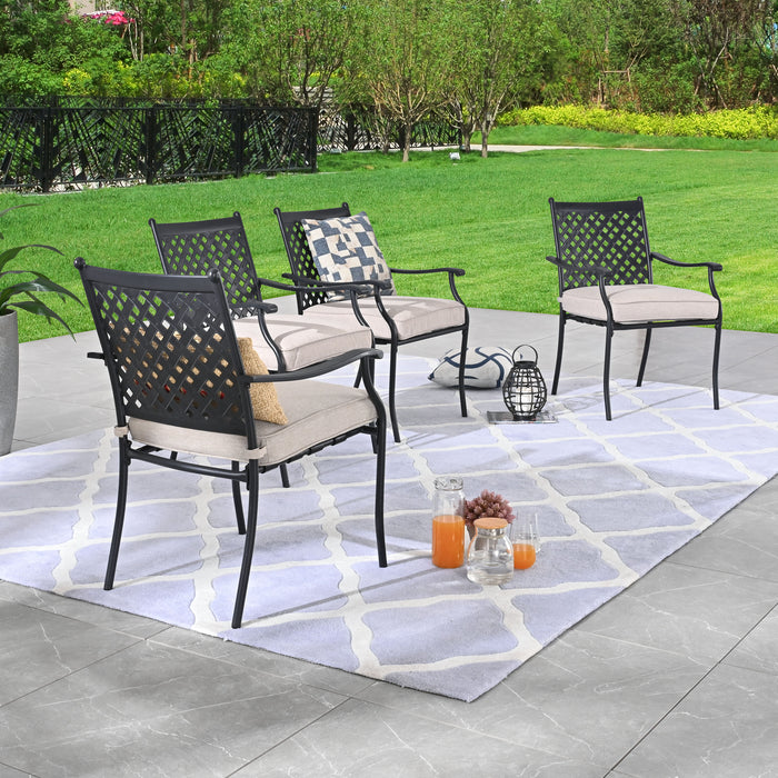 4-Piece Stackable Wrought Iron Patio Dining Chair Set with Armrests and Cushions 