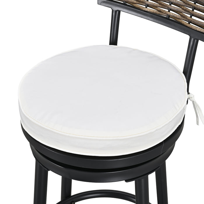Chic 3 Piece Woven Wicker Patio Bar Set with Beige 360° Swivel Chairs and Tempered Glass Top Table 