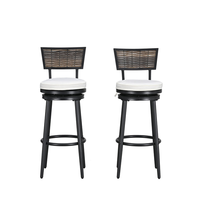 Chic 3 Piece Woven Wicker Patio Bar Set with Beige 360° Swivel Chairs and Tempered Glass Top Table 