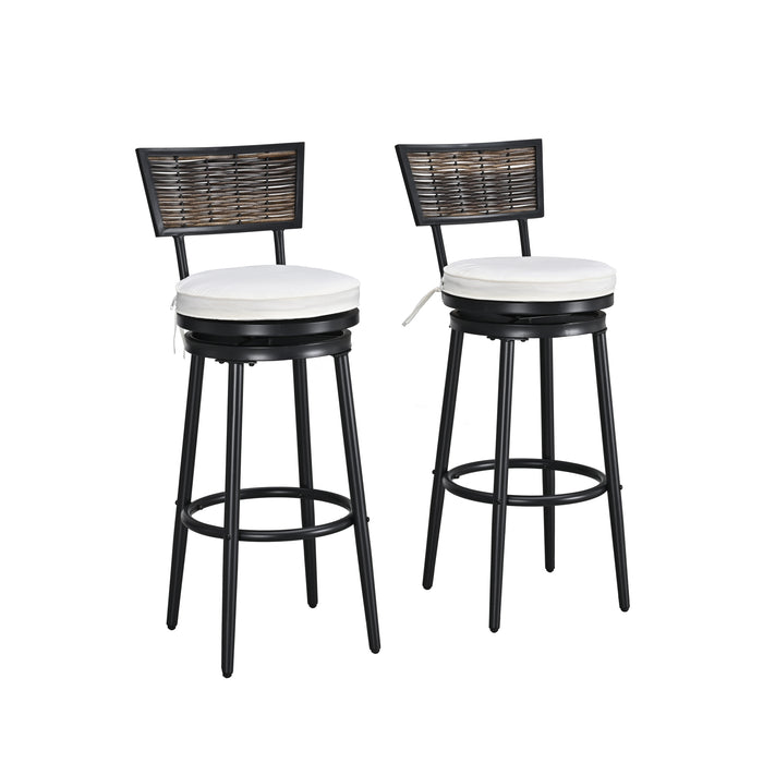 Chic 3 Piece Woven Wicker Patio Bar Set with Beige 360° Swivel Chairs and Tempered Glass Top Table 