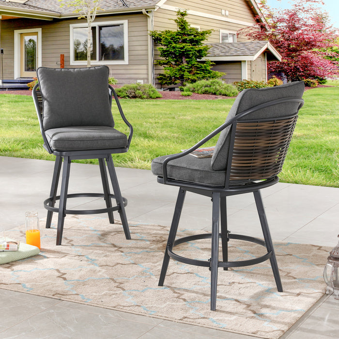 Elegant 2-Piece Outdoor 25" Swivel Counter Height Chairs with Wicker Detailing and Cushions 
