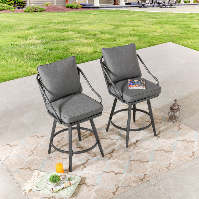 Elegant 2-Piece Outdoor 25" Swivel Counter Height Chairs with Wicker Detailing and Cushions 