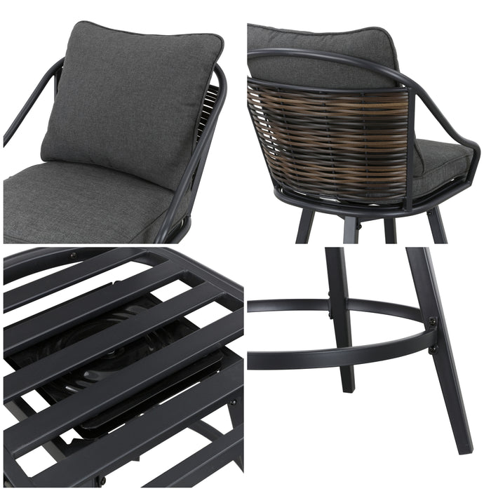Elegant 2-Piece Outdoor 25" Swivel Counter Height Chairs with Wicker Detailing and Cushions 