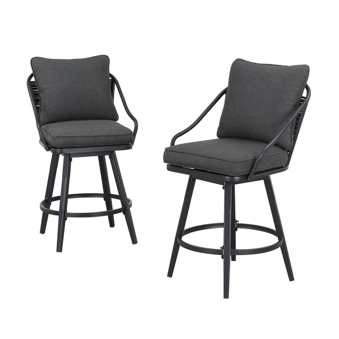Elegant 2-Piece Outdoor 25" Swivel Counter Height Chairs with Wicker Detailing and Cushions 