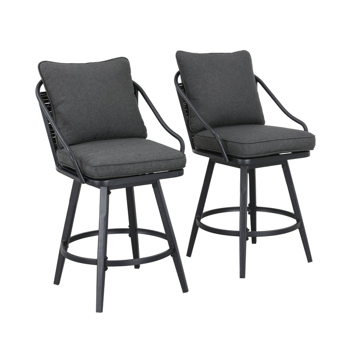 Elegant 2-Piece Outdoor 25" Swivel Counter Height Chairs with Wicker Detailing and Cushions 