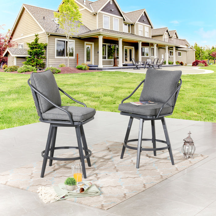 Elegant 2 Piece Outdoor Swivel Bar Height Chairs with Wicker Detailing and Cushions