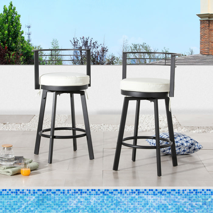 Beige Outdoor 27.5" Backrest Swivel Bar Chairs with Removable Thick Cushion & Black Metal Frame 