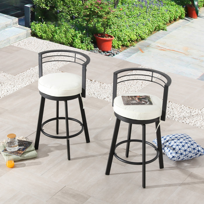 Beige Outdoor 27.5" Backrest Swivel Bar Chairs with Removable Thick Cushion & Black Metal Frame 