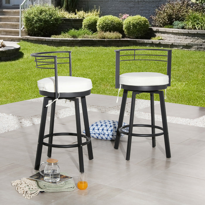 Beige Outdoor 27.5" Backrest Swivel Bar Chairs with Removable Thick Cushion & Black Metal Frame 