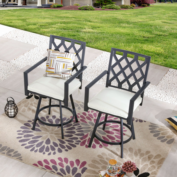 Outdoor 23.4" Swivel Counter Height Chairs with High Hollowed-Out Chair Back, Metal Frame and Removable Beige Cushions 