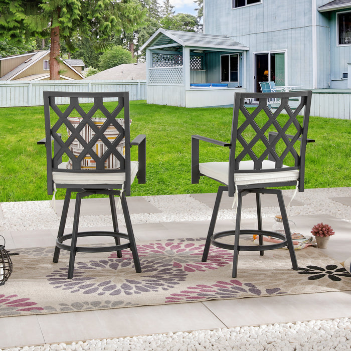 Outdoor 23.4" Swivel Counter Height Chairs with High Hollowed-Out Chair Back, Metal Frame and Removable Beige Cushions 