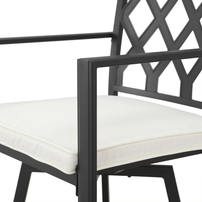 Outdoor 23.4" Swivel Counter Height Chairs with High Hollowed-Out Chair Back, Metal Frame and Removable Beige Cushions 