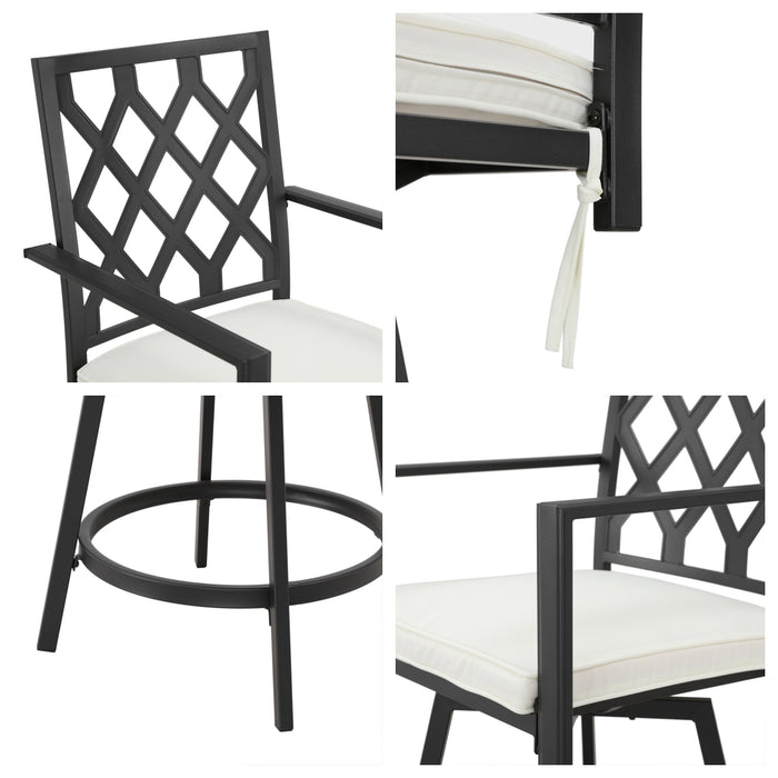 Outdoor 23.4" Swivel Counter Height Chairs with High Hollowed-Out Chair Back, Metal Frame and Removable Beige Cushions 