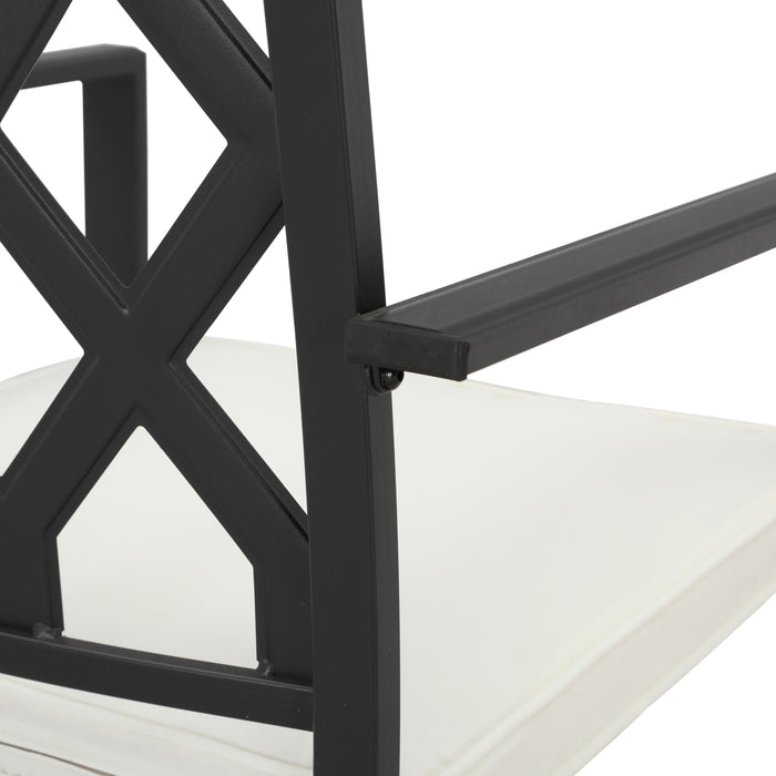 Outdoor 23.4" Swivel Counter Height Chairs with High Hollowed-Out Chair Back, Metal Frame and Removable Beige Cushions 
