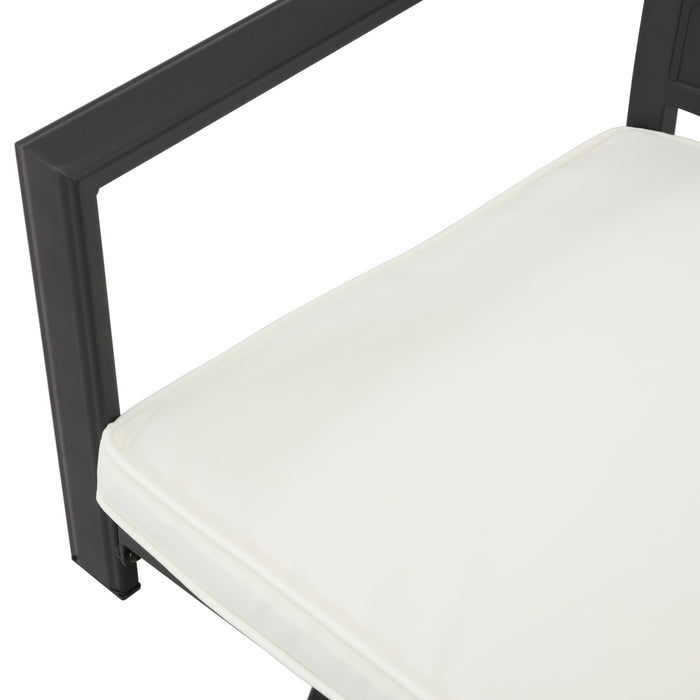 Outdoor 23.4" Swivel Counter Height Chairs with High Hollowed-Out Chair Back, Metal Frame and Removable Beige Cushions 