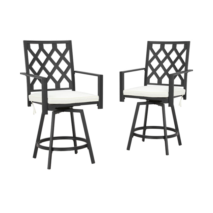 Outdoor 23.4" Swivel Counter Height Chairs with High Hollowed-Out Chair Back, Metal Frame and Removable Beige Cushions 