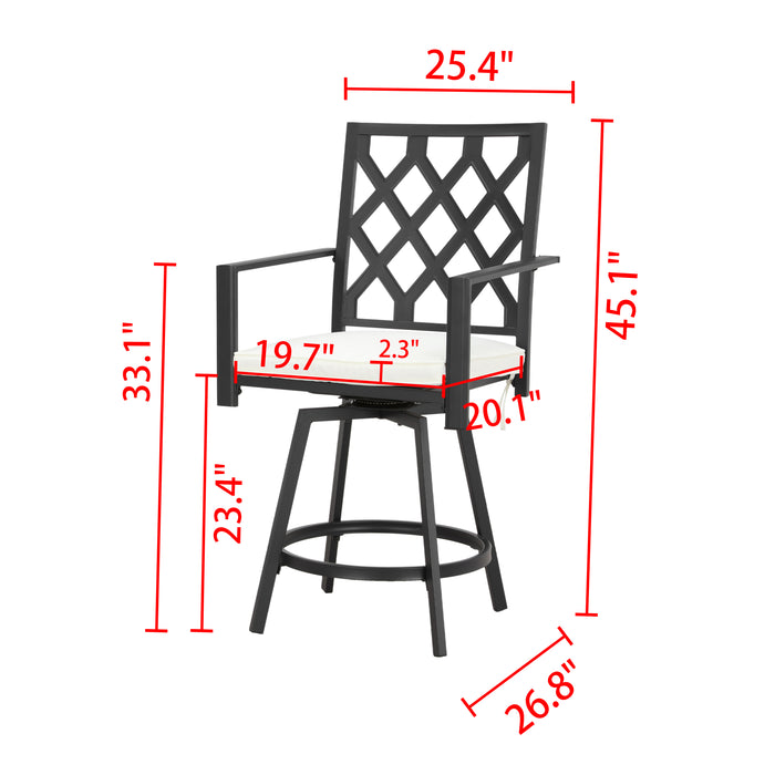 Outdoor 23.4" Swivel Counter Height Chairs with High Hollowed-Out Chair Back, Metal Frame and Removable Beige Cushions 