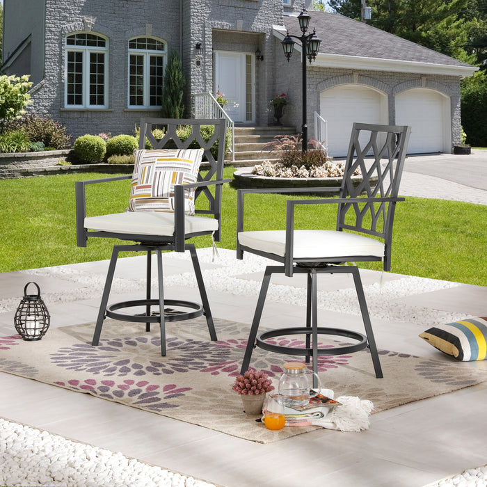 Outdoor 23.4" Swivel Counter Height Chairs with High Hollowed-Out Chair Back, Metal Frame and Removable Beige Cushions 