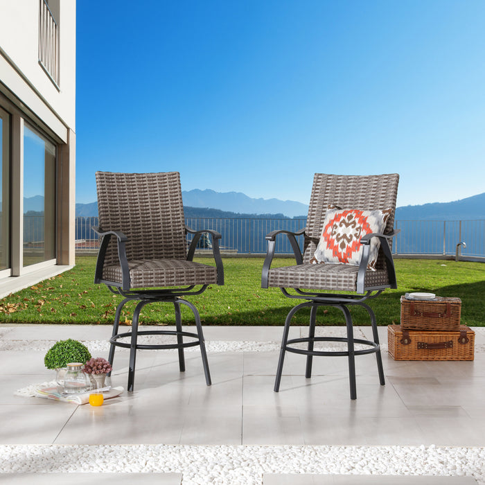 Luxury 2-Piece Outdoor 31.5" Swivel Bar Height Chairs with High-Backrest Rattan Wicker and Comfort Cushioned Armrest Dining Chairs 