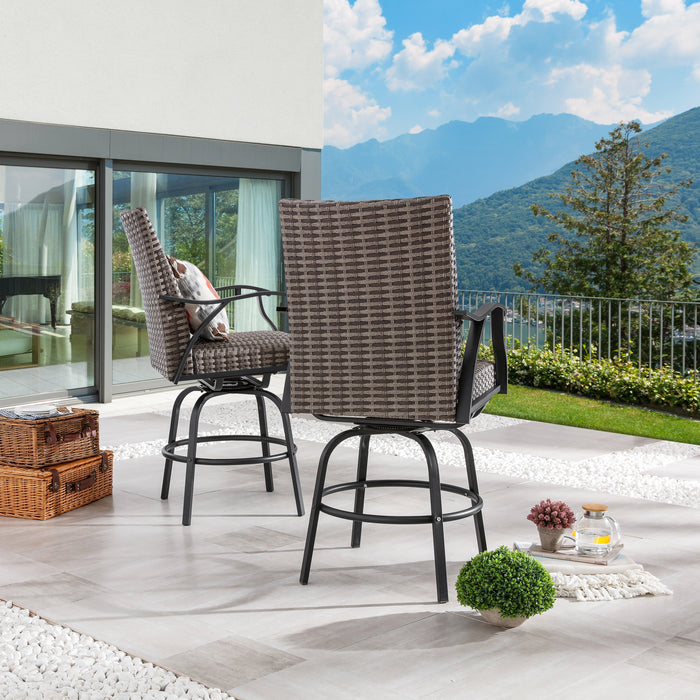 Luxury 2-Piece Outdoor 31.5" Swivel Bar Height Chairs with High-Backrest Rattan Wicker and Comfort Cushioned Armrest Dining Chairs 