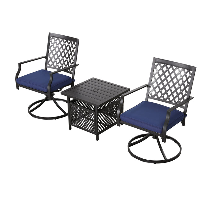 3-Piece Patio Bistro Dining Set of 2 Swivel Chairs with Cushions and 1 Metal Side Table