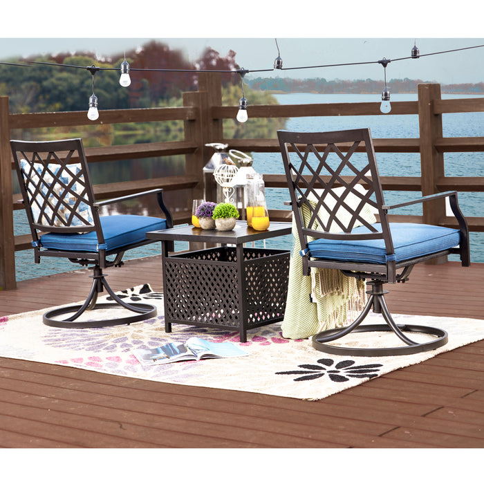 3-Piece Patio Bistro Dining Set of 2 Swivel Chairs with Cushions and 1 Metal Side Table