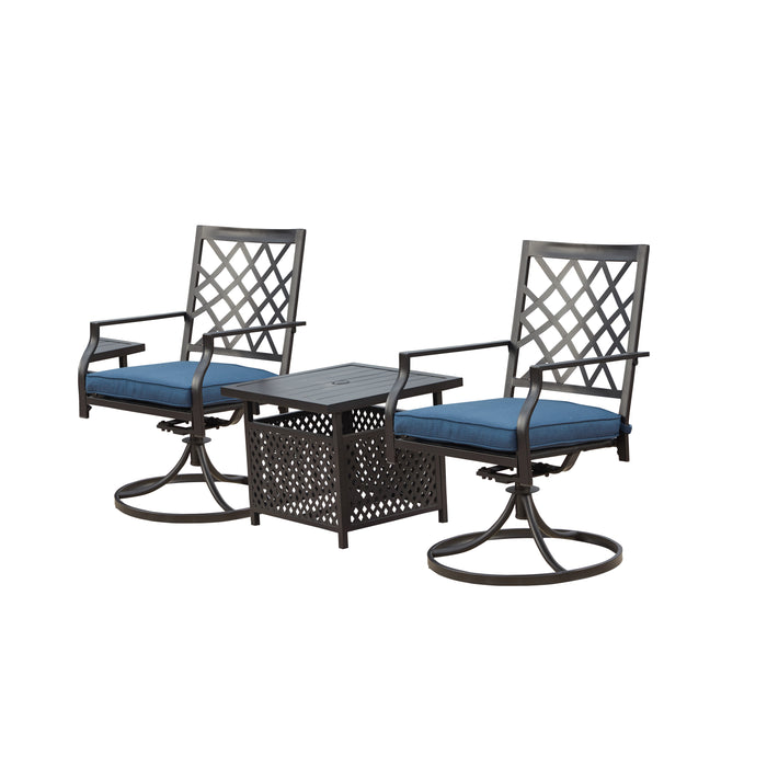 3-Piece Patio Bistro Dining Set of 2 Swivel Chairs with Cushions and 1 Metal Side Table 