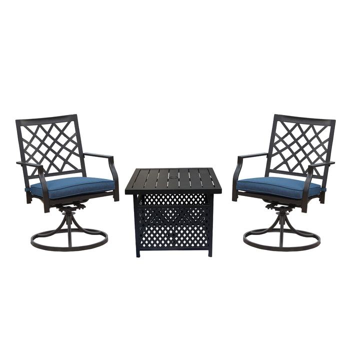 3-Piece Patio Bistro Dining Set of 2 Swivel Chairs with Cushions and 1 Metal Side Table 