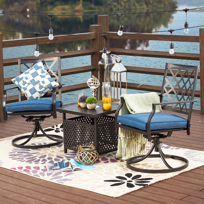 3-Piece Patio Bistro Dining Set of 2 Swivel Chairs with Cushions and 1 Metal Side Table 