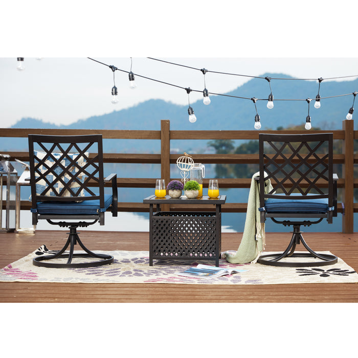 3-Piece Patio Bistro Dining Set of 2 Swivel Chairs with Cushions and 1 Metal Side Table 