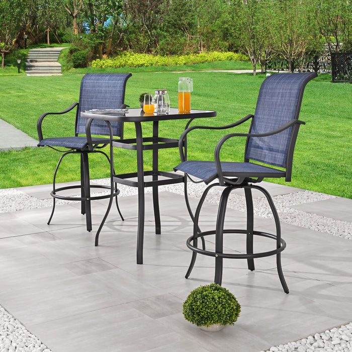 Stylish 3 Piece Outdoor Bar Set with 360° Swivel Textilene Chairs & Tempered Glass Table