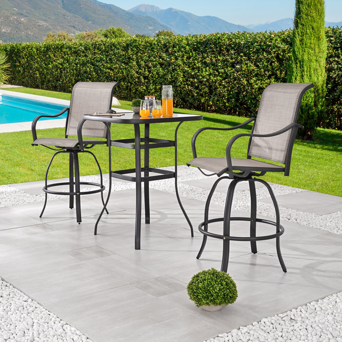Stylish 3 Piece Outdoor Bar Set with 360° Swivel Textilene Chairs & Tempered Glass Table
