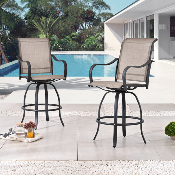 2-Piece Taupe 29.5" Bar Height Textilene Swivel Stool Armrests Dining Chairs for Outdoor Bistro Elegance