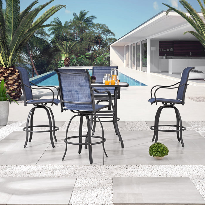 5-Piece Patio Bar Set: 4 360° Swivel Chairs and Bar Height Table with Tempered Glass Top (Blue) 