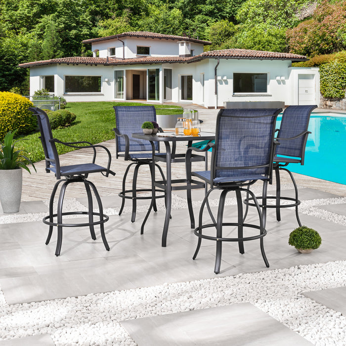 5-Piece Patio Bar Set: 4 360° Swivel Chairs and Bar Height Table with Tempered Glass Top (Blue) 