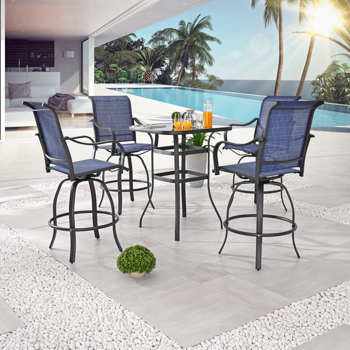 5-Piece Patio Bar Set: 4 360° Swivel Chairs and Bar Height Table with Tempered Glass Top (Blue) 