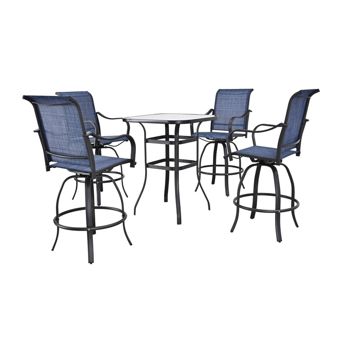 5-Piece Patio Bar Set: 4 360° Swivel Chairs and Bar Height Table with Tempered Glass Top (Blue) 